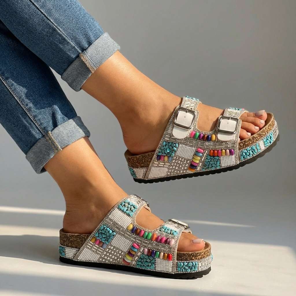 Women's Beaded Multi-Strap Platform Slides Corvine