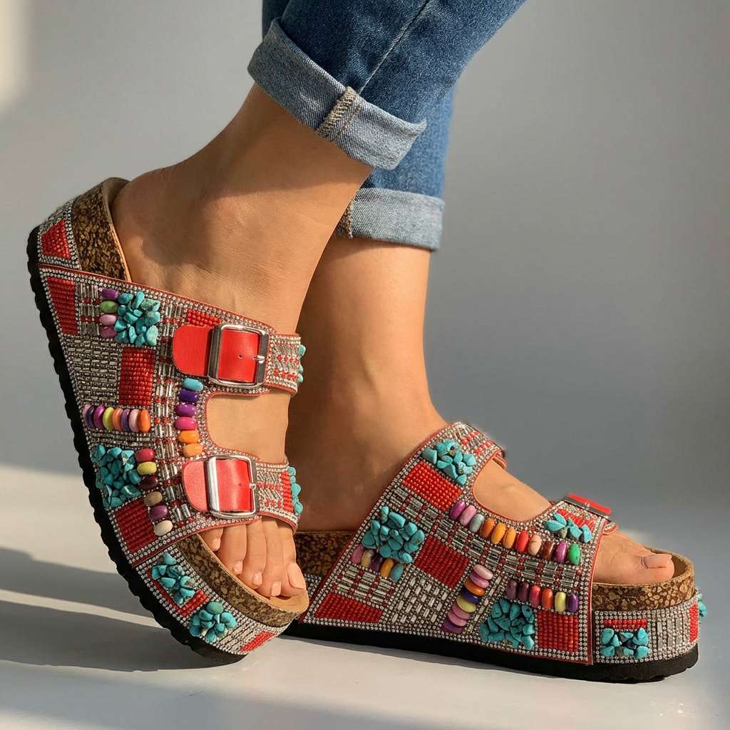 Women's Beaded Multi-Strap Platform Slides Corvine
