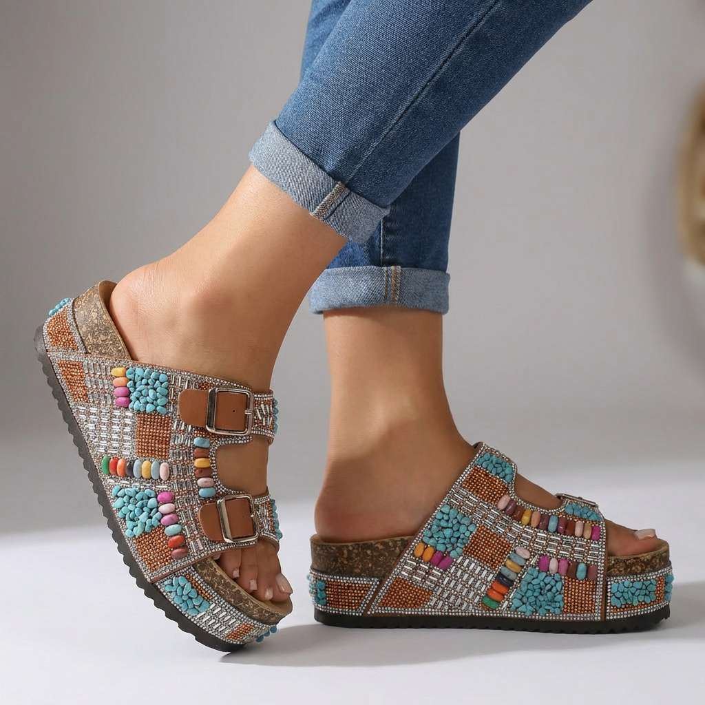 Women's Beaded Multi-Strap Platform Slides Corvine