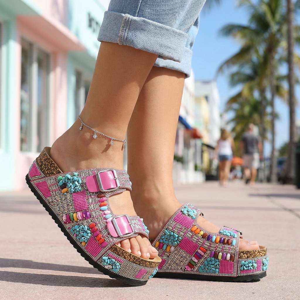 Women's Beaded Multi-Strap Platform Slides Corvine