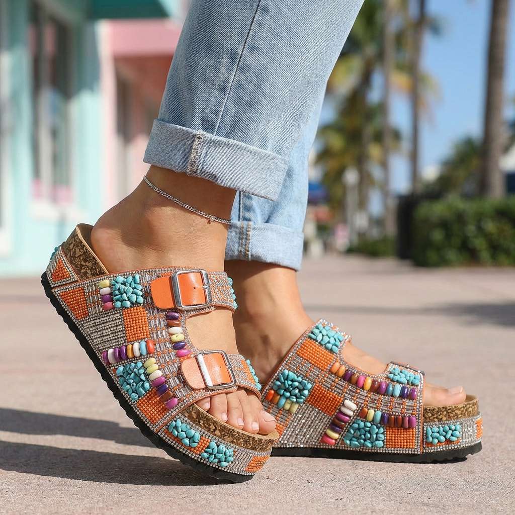 Women's Beaded Multi-Strap Platform Slides Corvine