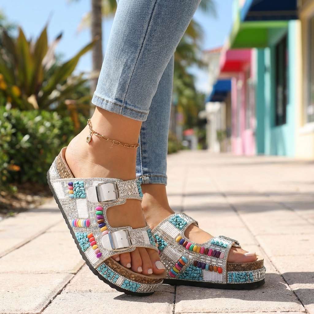 Women's Beaded Multi-Strap Platform Slides Corvine
