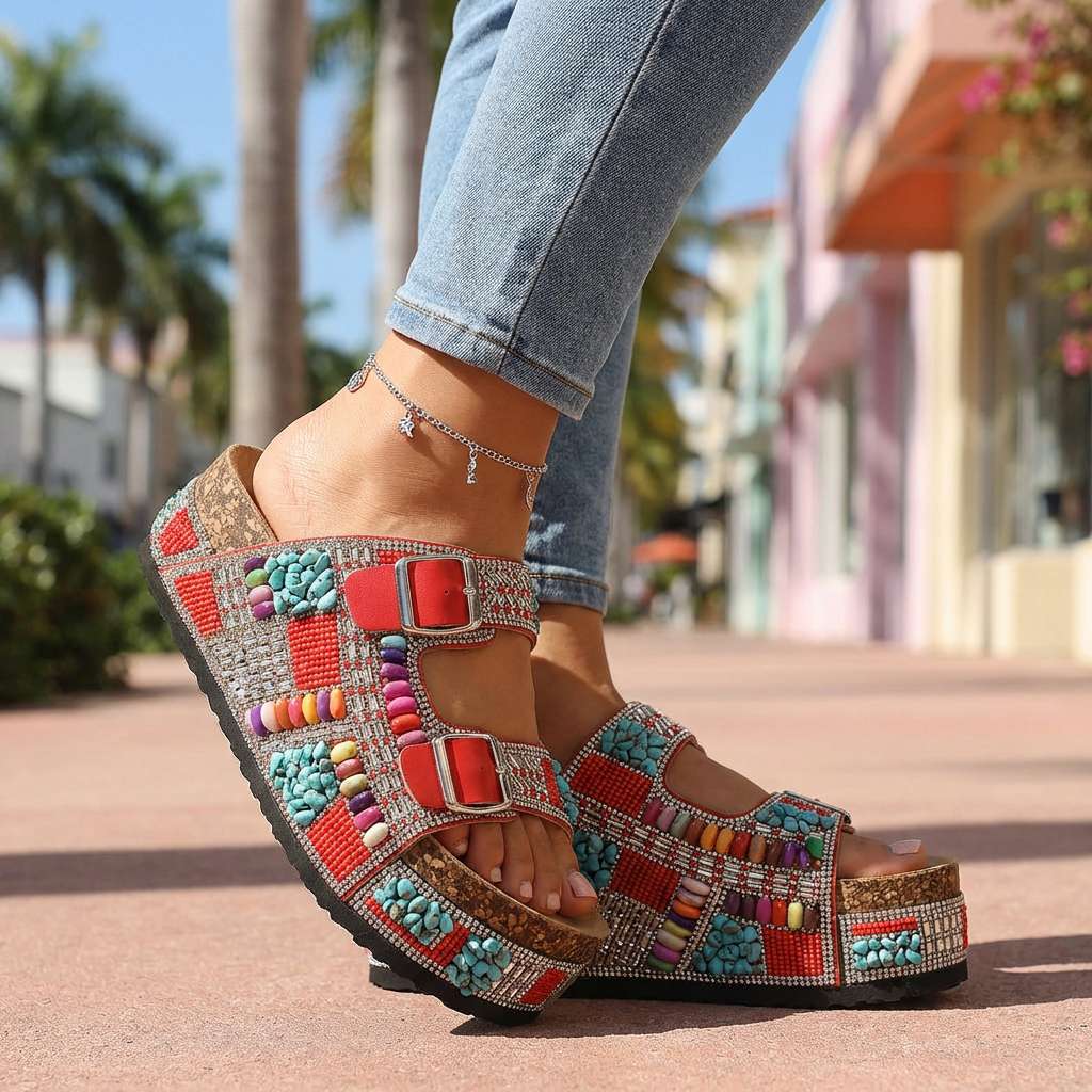 Women's Beaded Multi-Strap Platform Slides Corvine