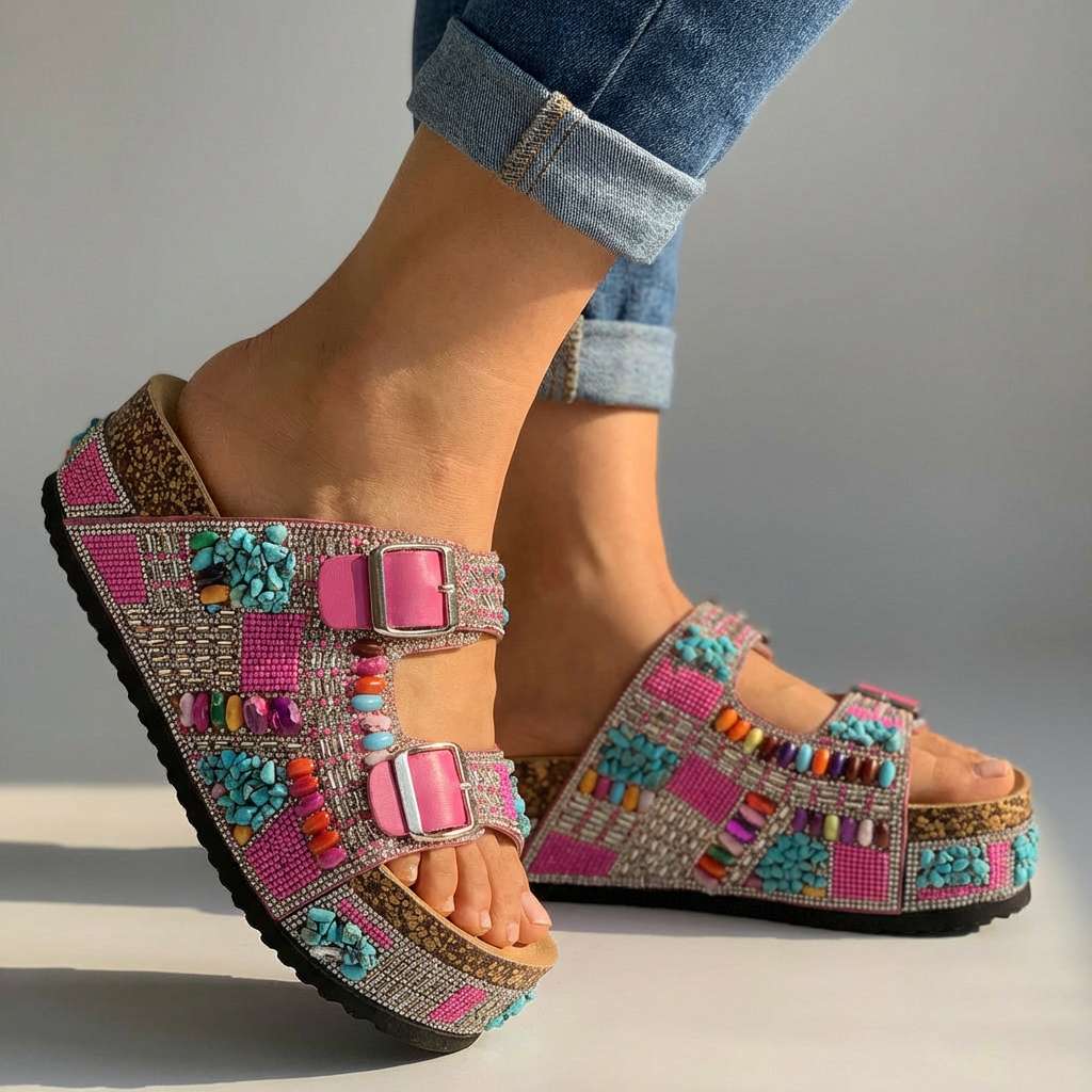Women's Beaded Multi-Strap Platform Slides Corvine