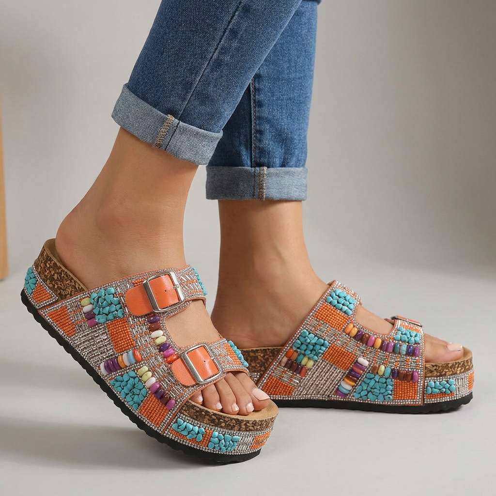 Women's Beaded Multi-Strap Platform Slides Corvine