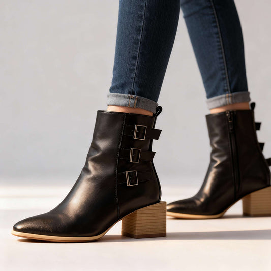 Women's Black Block Heel Triple Buckle Boots Corvine