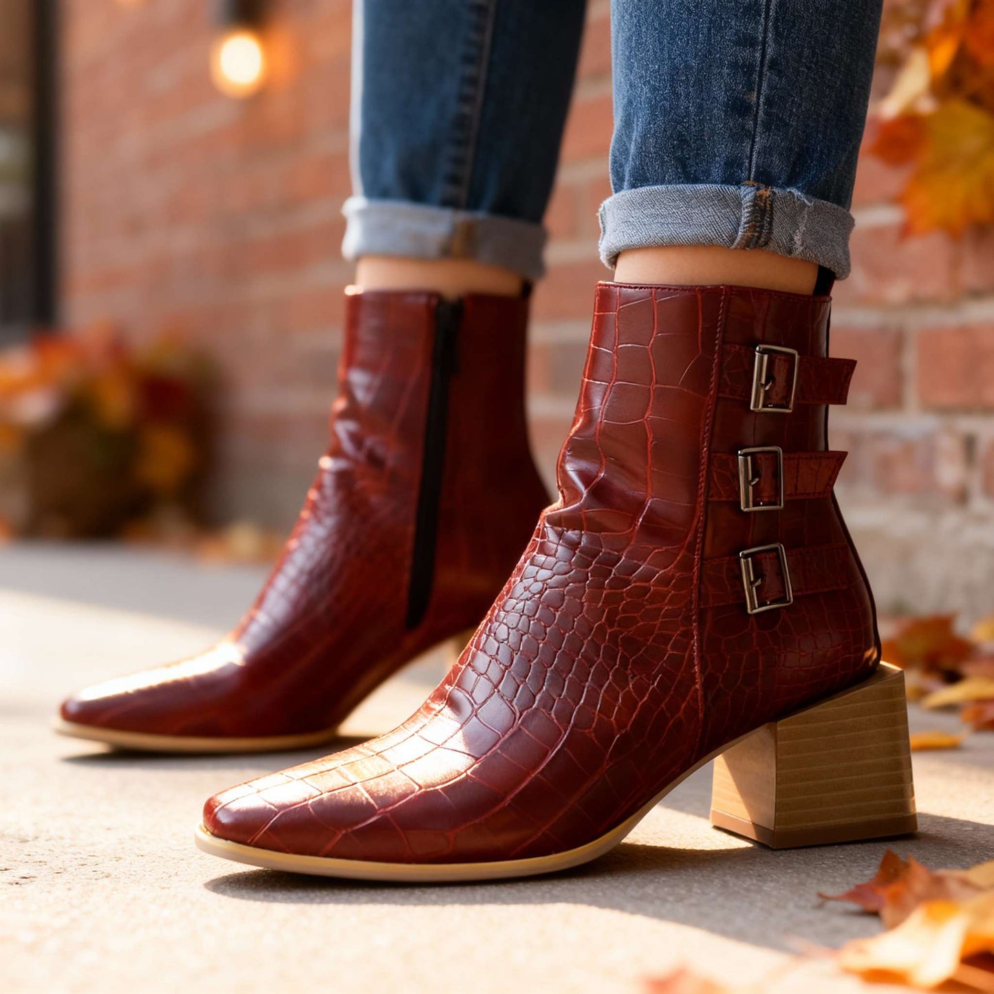 Women's Black Block Heel Triple Buckle Boots Corvine