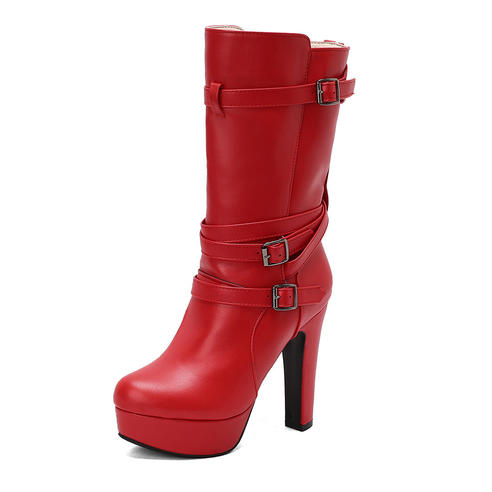 Women's Black Bold Buckle Mid-Calf Boots Corvine