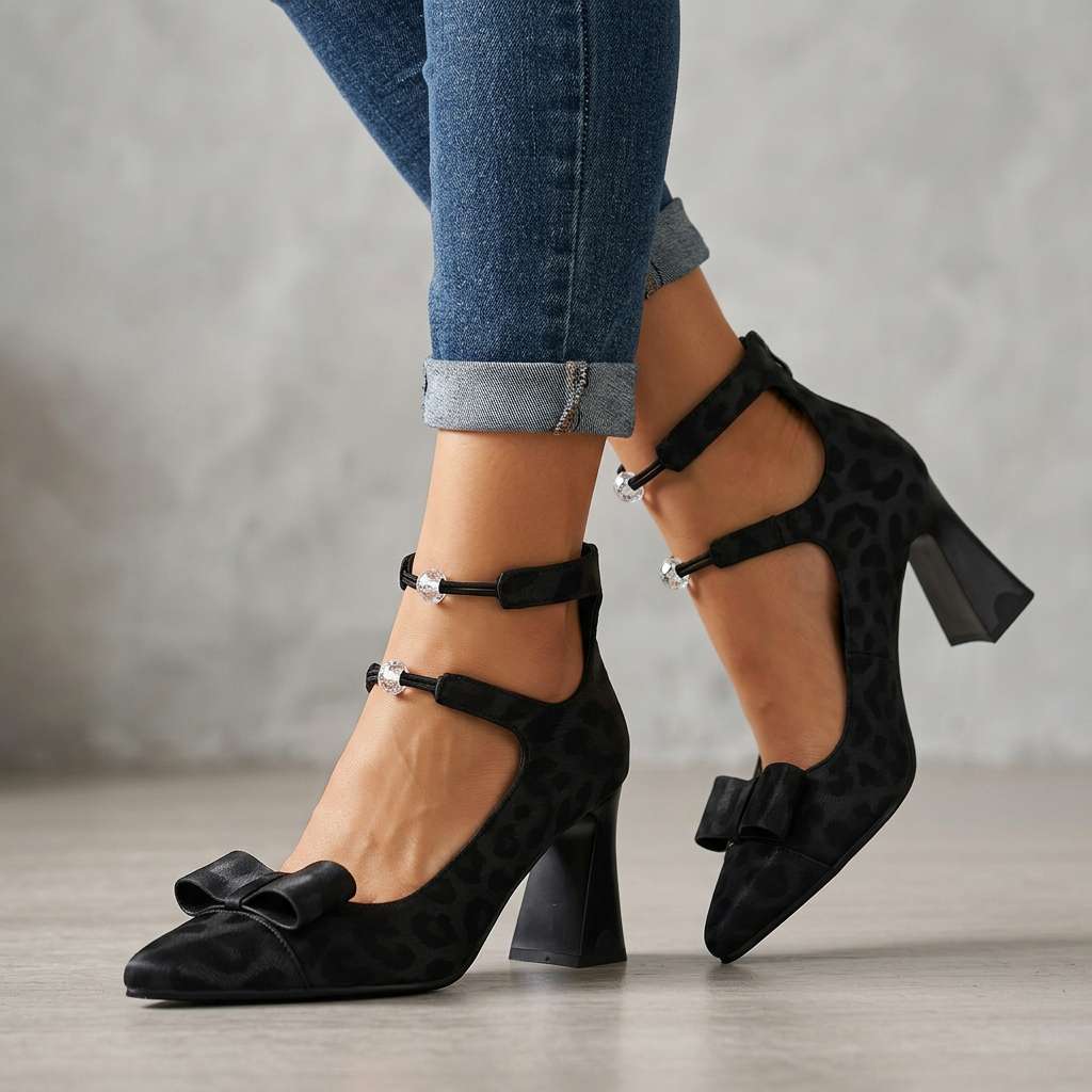 Women's Black Bow Detail Cushioned Heels Corvine