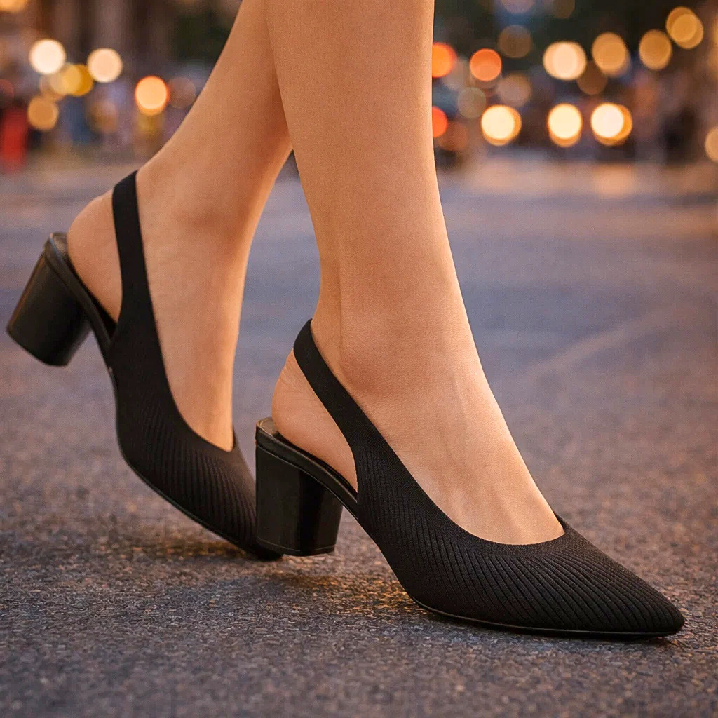 Women's Black Breathable Knit Slingback Heels Corvine