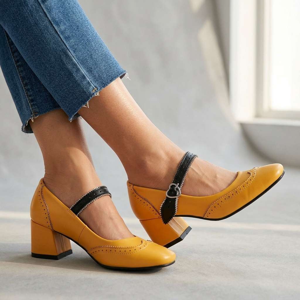 Women's Black Brogue Detail Block Heel Pumps Corvine