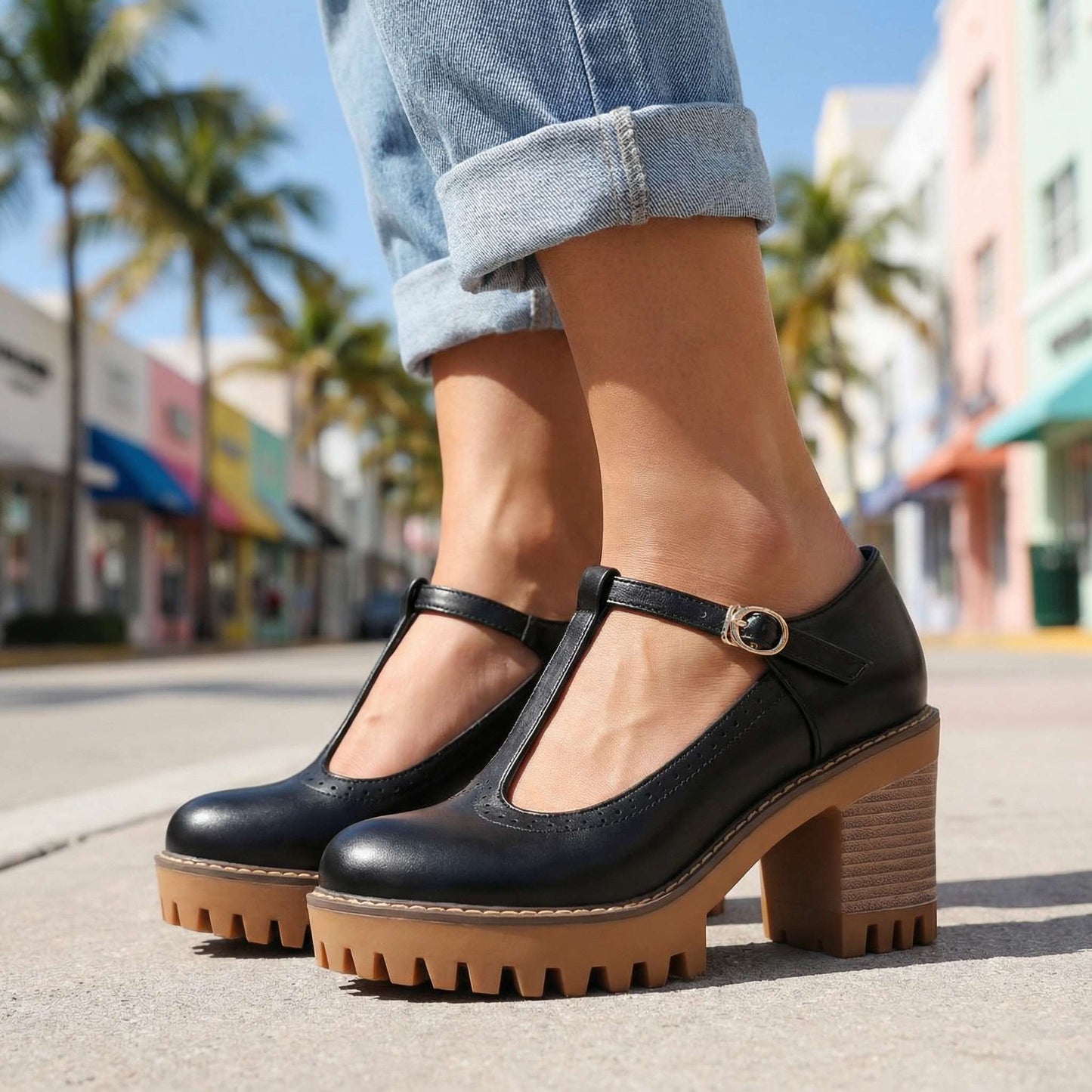 Women's Black Chunky T-Strap Mary Jane Heels Corvine