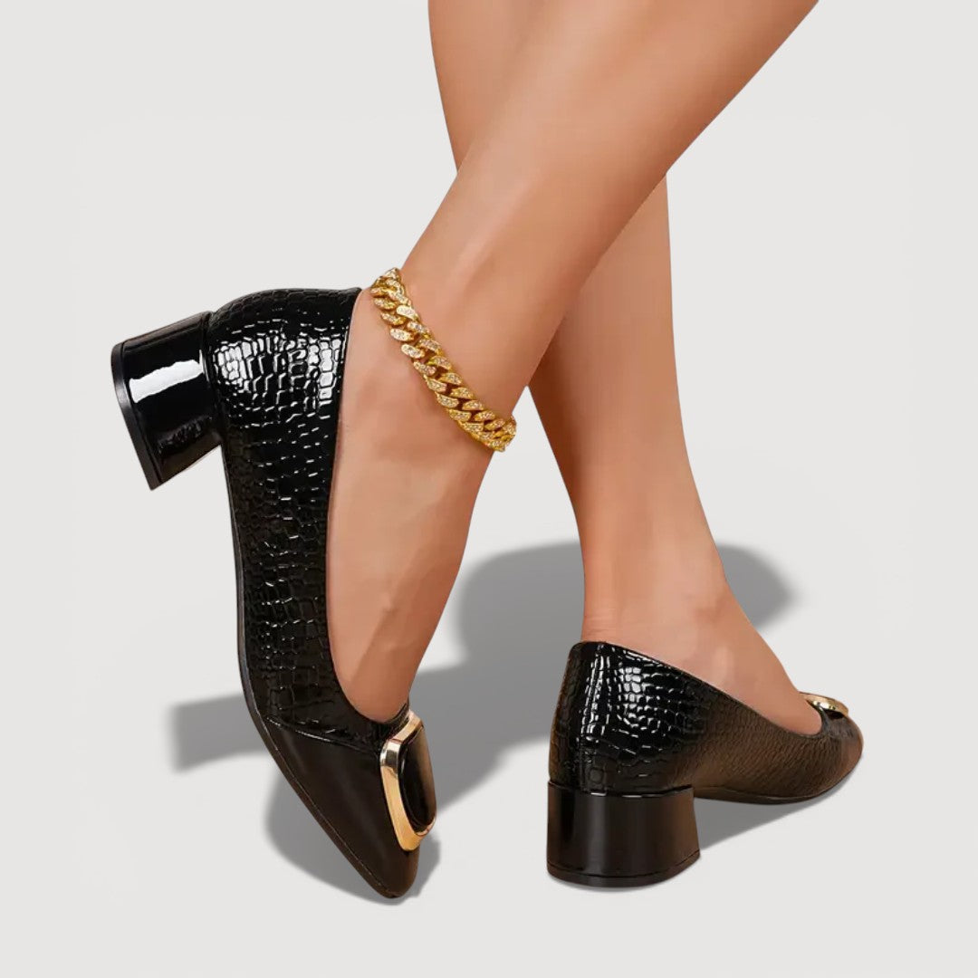 Women's Black Croc-Embossed Leather Block Heels Corvine