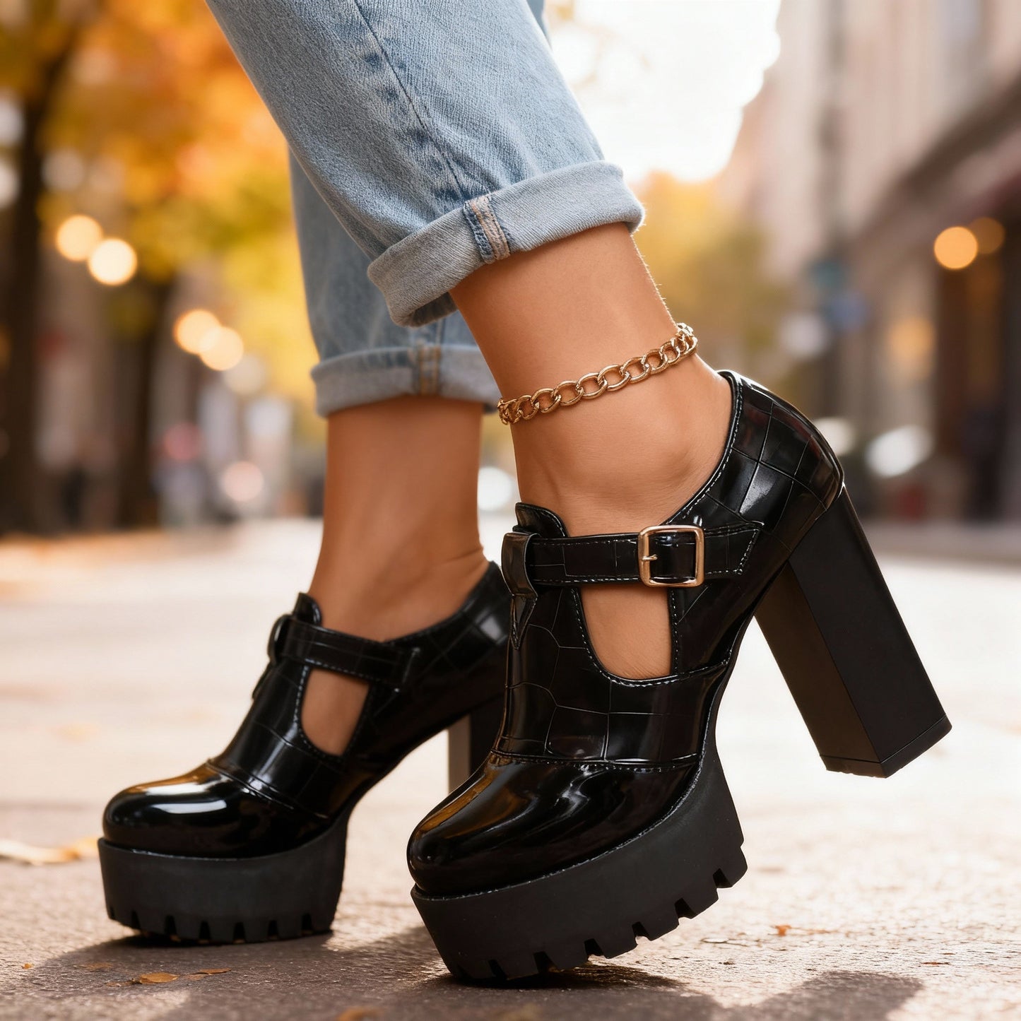Women's Black Croc-Embossed Leather Block Heels Corvine