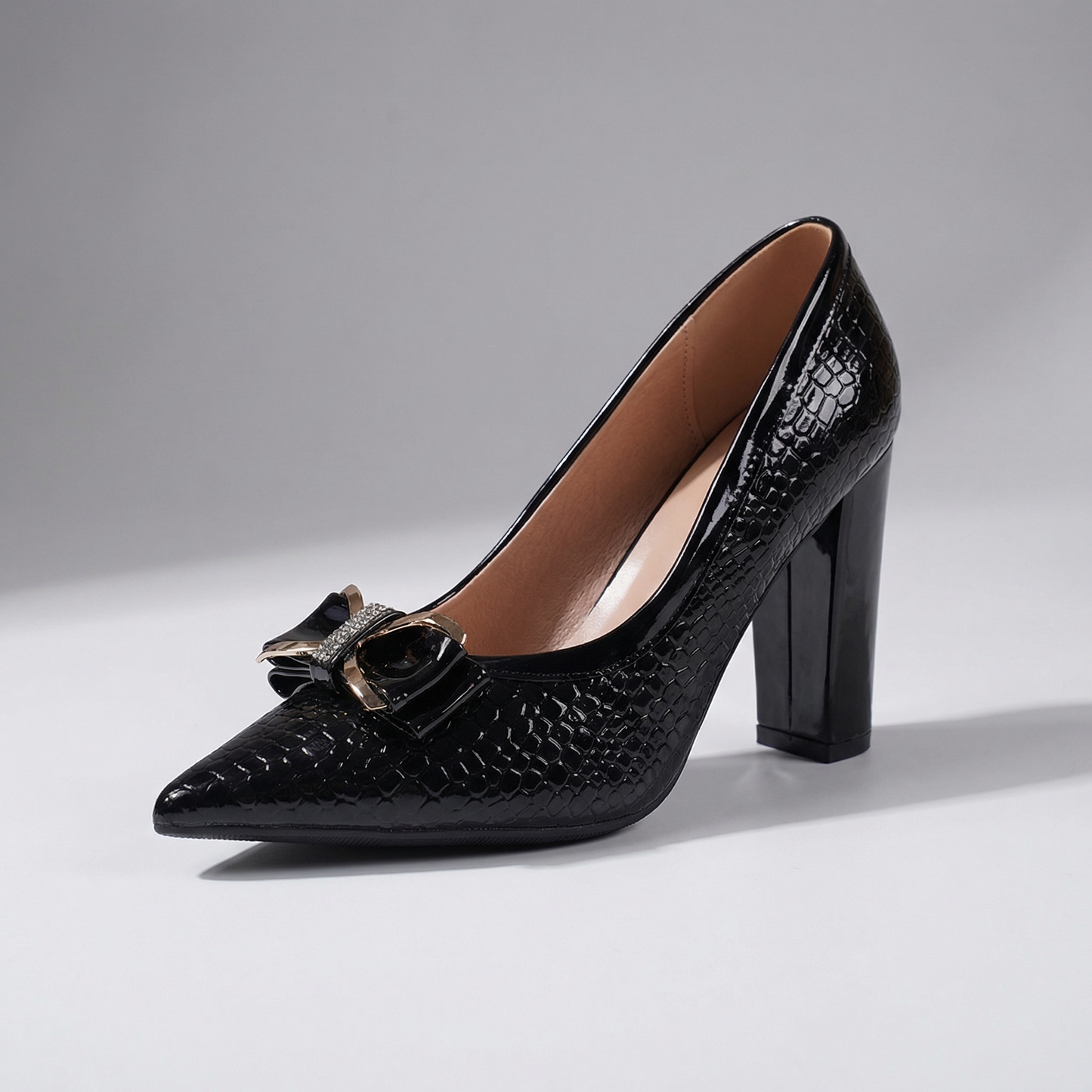 Women's Black Croc-Embossed Vegan Leather Block Heels Corvine