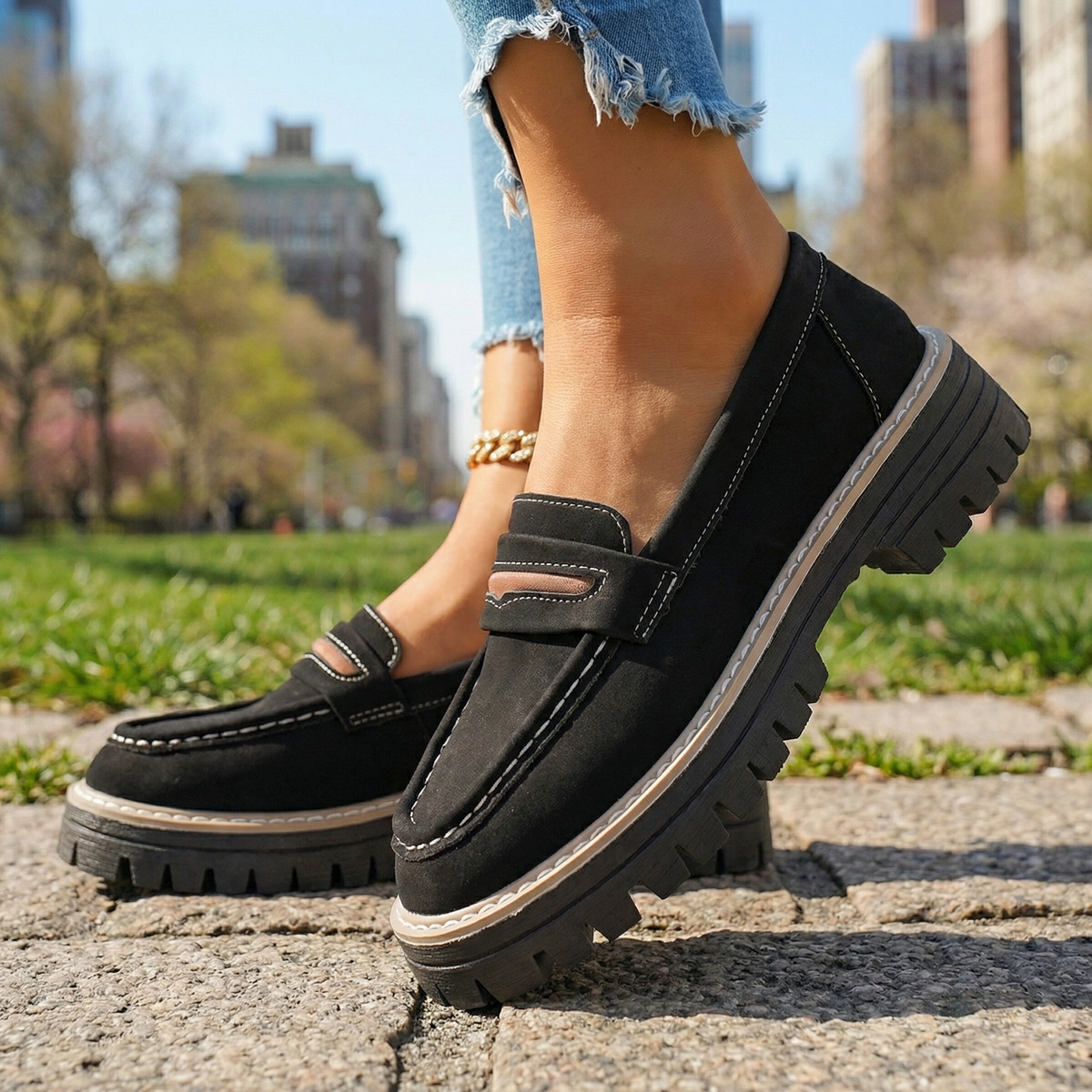 Women's Black Cushioned Platform Loafers Corvine