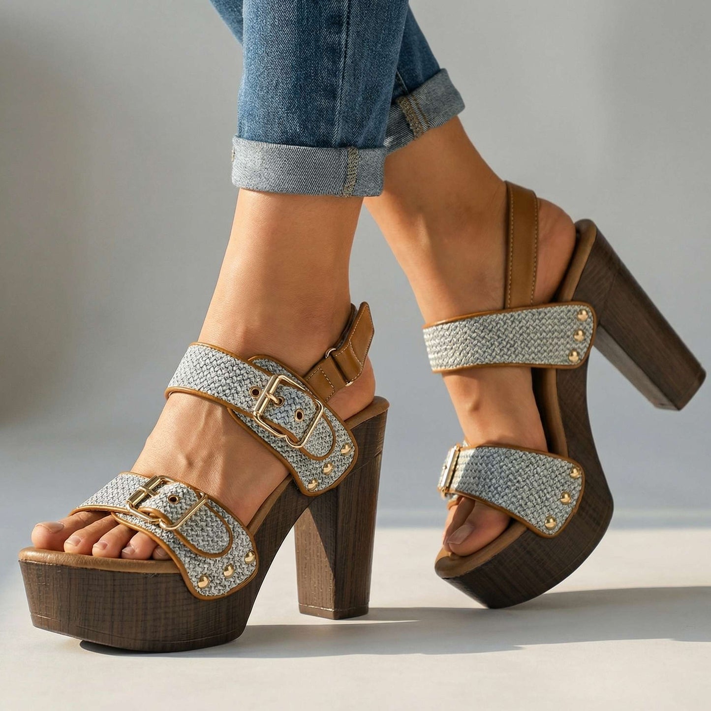Women's Black Double Buckle Strap Block Heels Corvine
