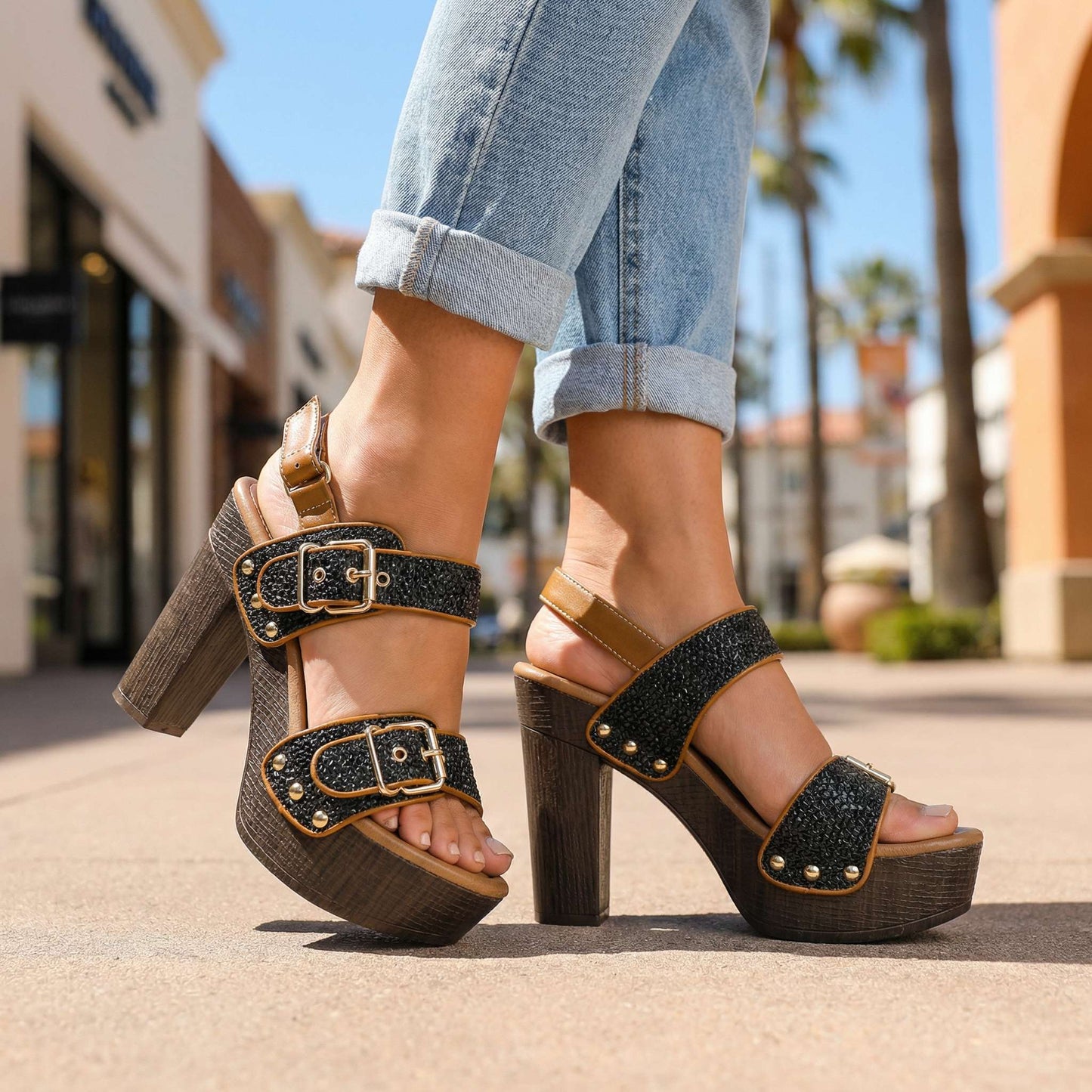 Women's Black Double Buckle Strap Block Heels Corvine