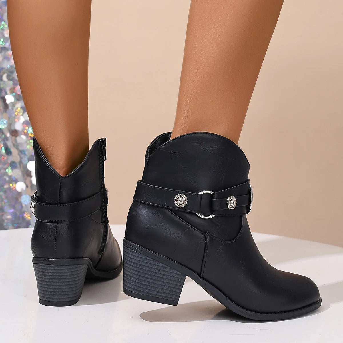 Women's Black Faux Leather Ankle Boots Corvine