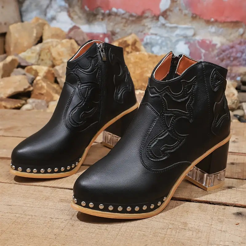 Women's Black Faux Leather Western Ankle Boots Corvine