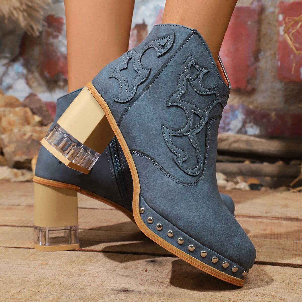 Women's Black Faux Leather Western Ankle Boots Corvine