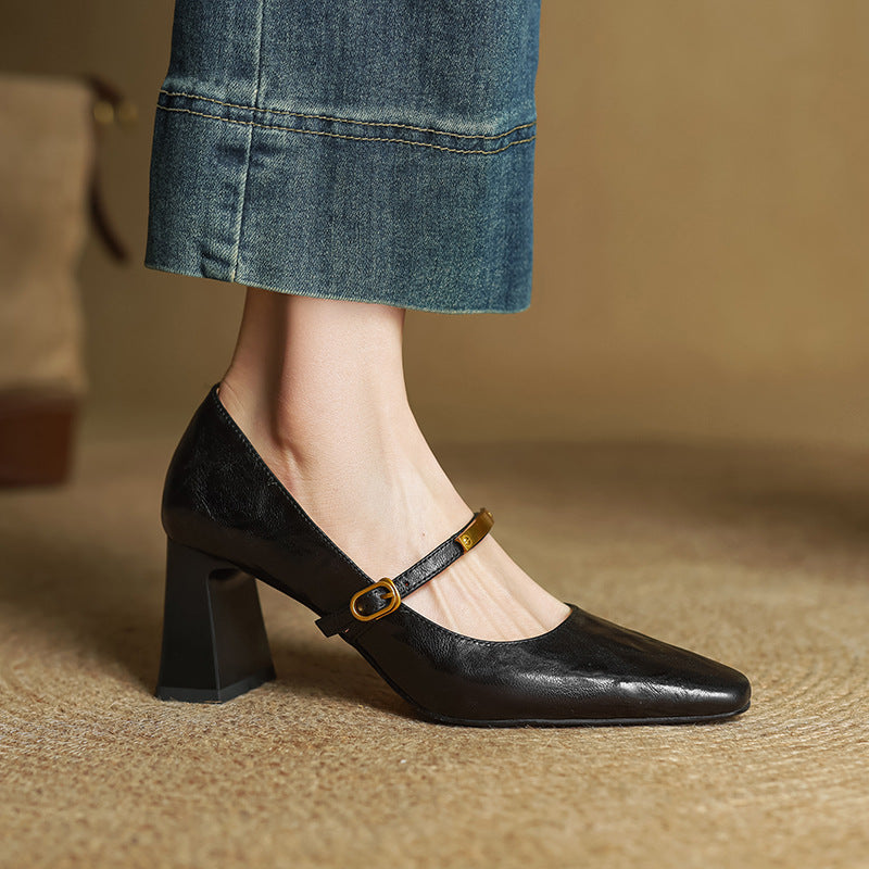 Women's Black Genuine Lambskin Leather Block Heel Pumps Corvine