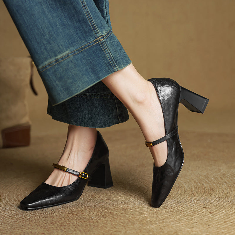 Women's Black Genuine Lambskin Leather Block Heel Pumps Corvine