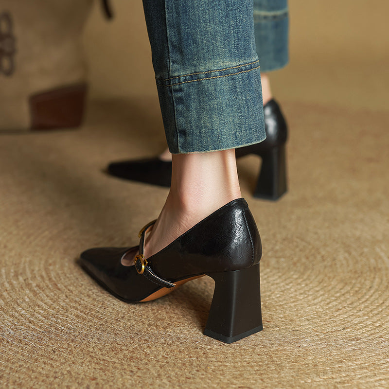 Women's Black Genuine Lambskin Leather Block Heel Pumps Corvine