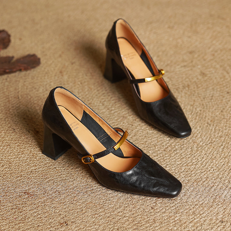Women's Black Genuine Lambskin Leather Block Heel Pumps Corvine