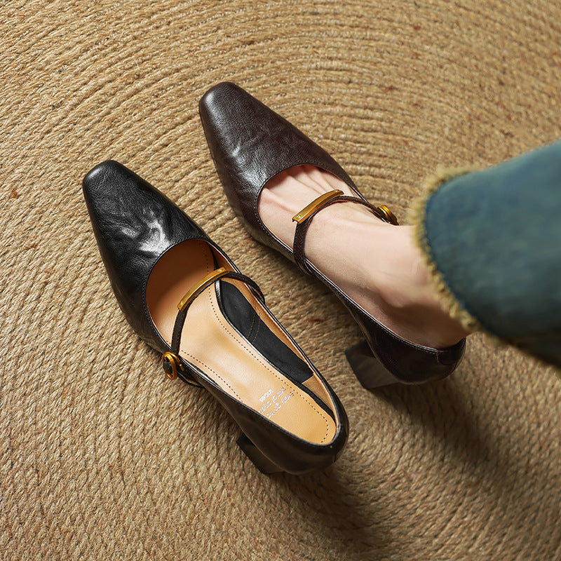 Women's Black Genuine Lambskin Leather Block Heel Pumps Corvine