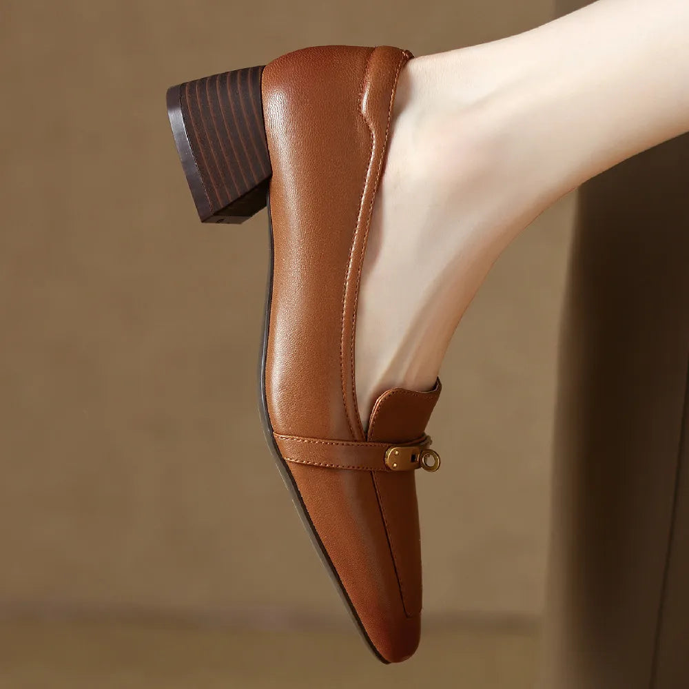 Women's Black Genuine Leather Block Heel Heels Corvine