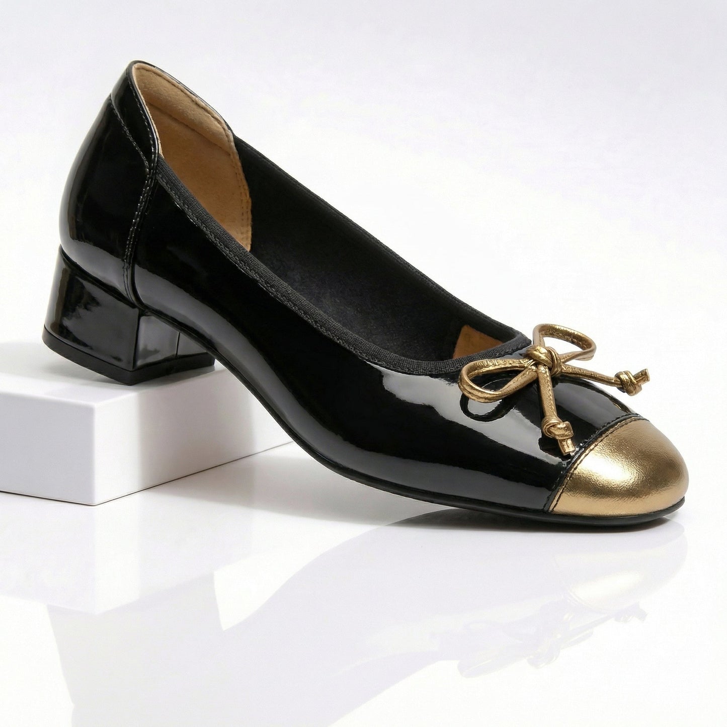 Women's Black Genuine Leather Cap-Toe Heels Corvine