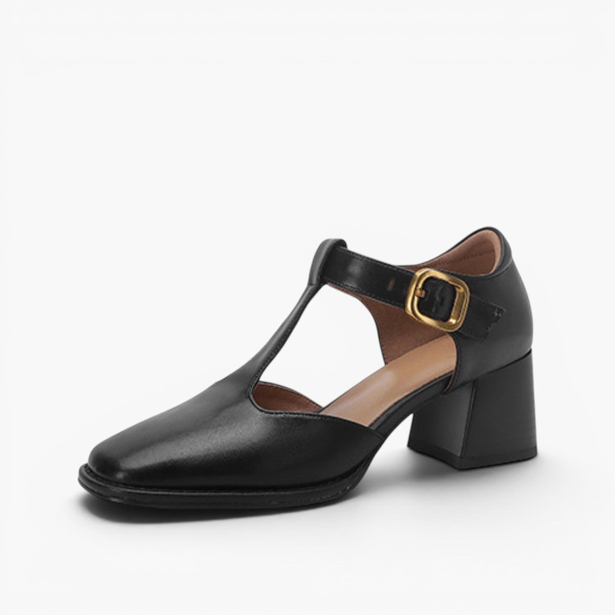 Women's Black Genuine Leather T-Strap Block Heel Pumps Corvine
