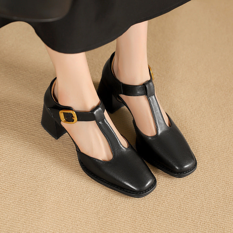 Women's Black Genuine Leather T-Strap Block Heel Pumps Corvine