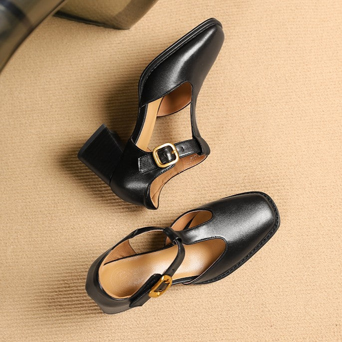 Women's Black Genuine Leather T-Strap Block Heel Pumps Corvine