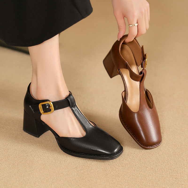 Women's Black Genuine Leather T-Strap Block Heel Pumps Corvine