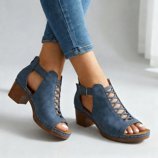 Women's Black Heels with Open Toe and Buckle Detail Corvine