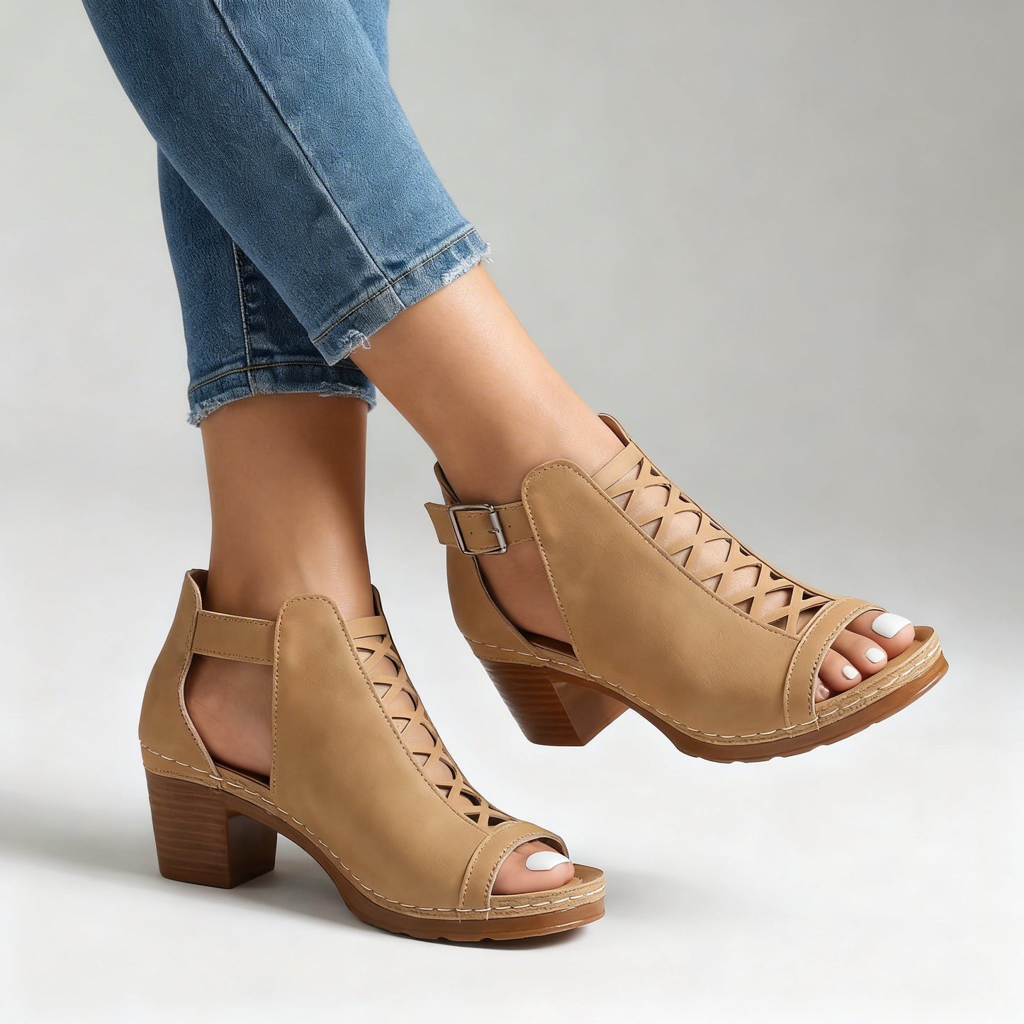 Women's Black Heels with Open Toe and Buckle Detail Corvine