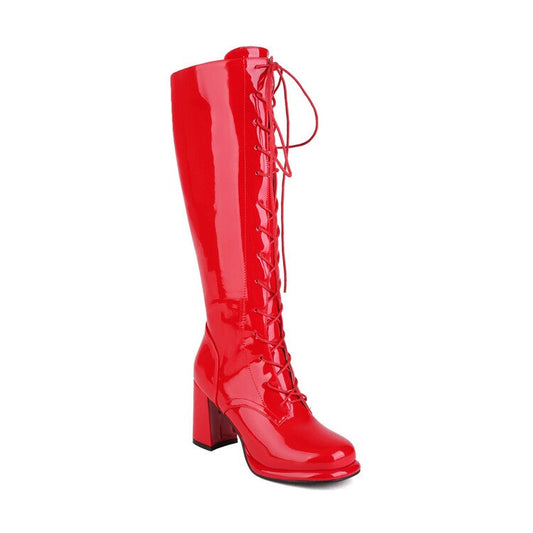 Women's Black Knee High Lace-Up Block Heel Boots Corvine