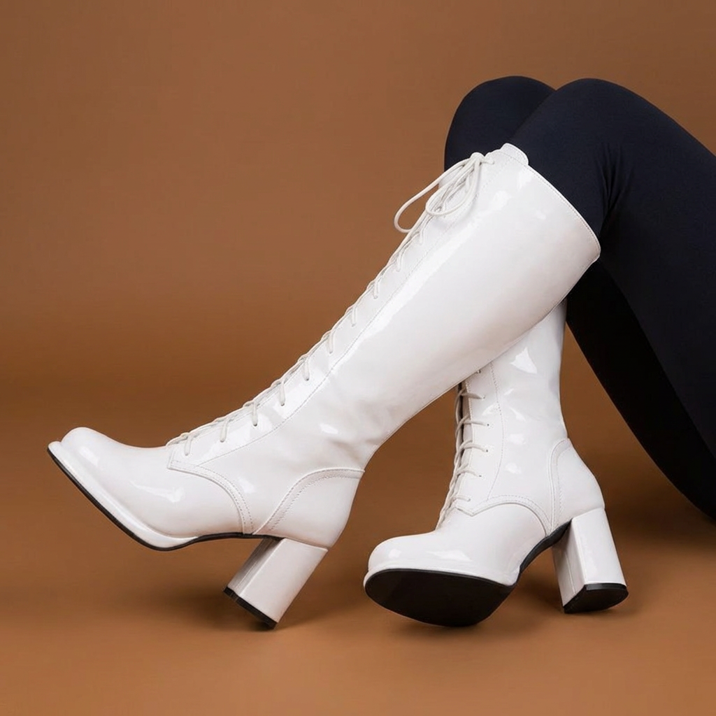 Women's Black Knee High Lace-Up Block Heel Boots Corvine