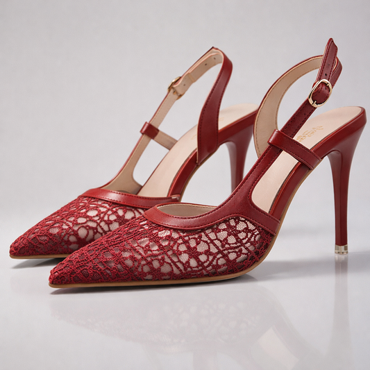 Women's Black Lace-Trimmed Pointed Toe Slingback Heels Corvine