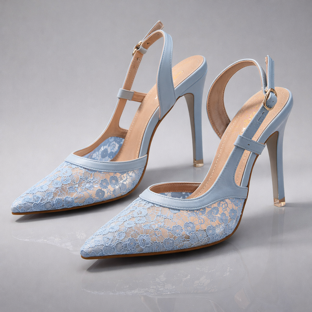 Women's Black Lace-Trimmed Pointed Toe Slingback Heels Corvine
