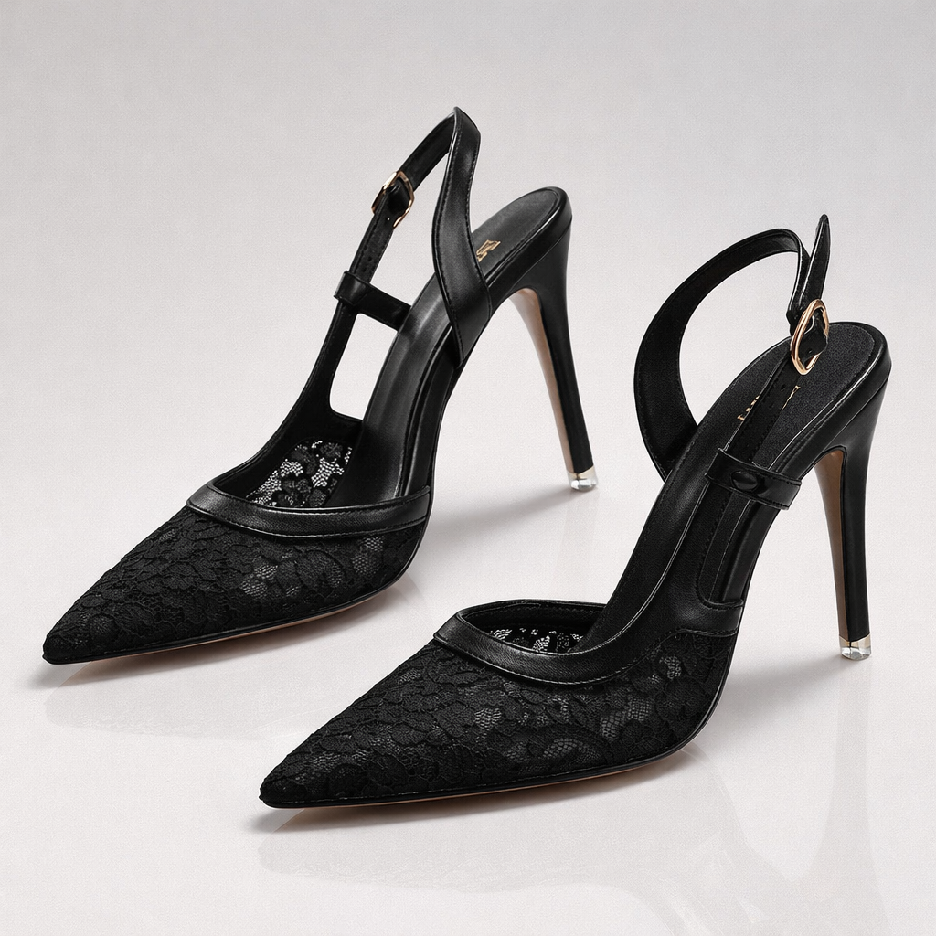Women's Black Lace-Trimmed Pointed Toe Slingback Heels Corvine