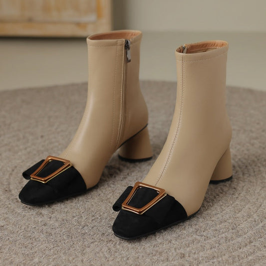 Women's Black Leather Block Heel Boots Corvine