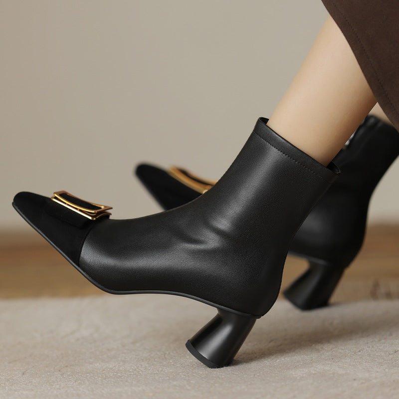 Women's Black Leather Block Heel Boots Corvine