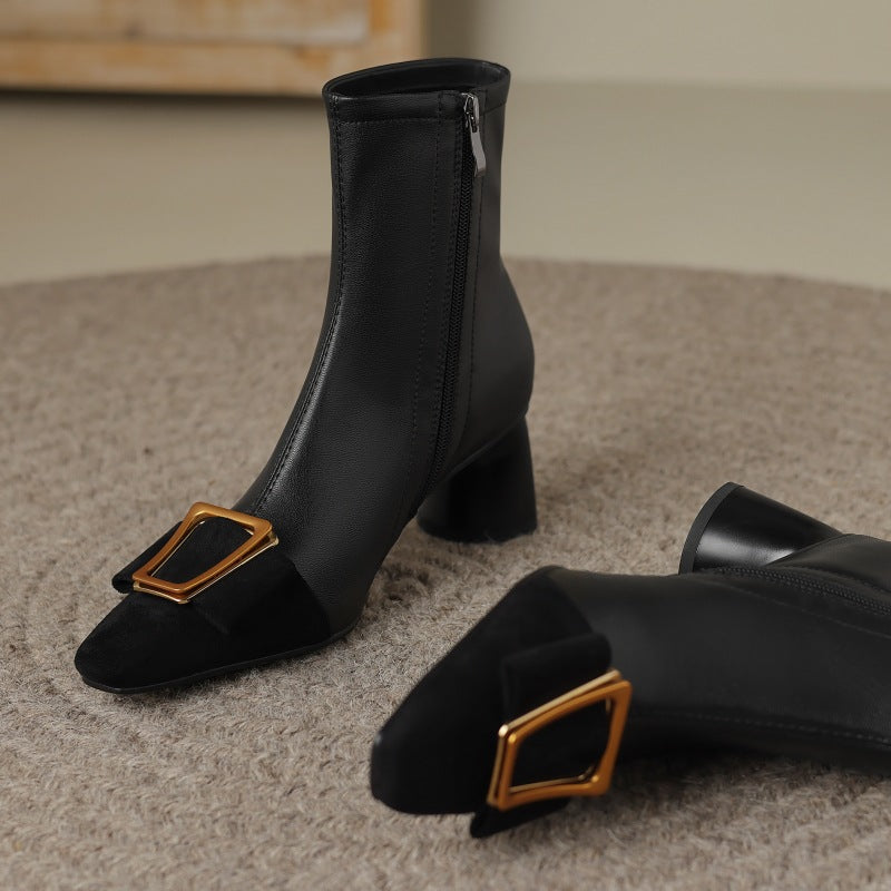 Women's Black Leather Block Heel Boots Corvine