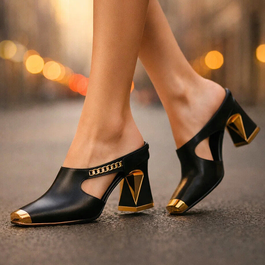 Women's Black Leather Block Heels Corvine