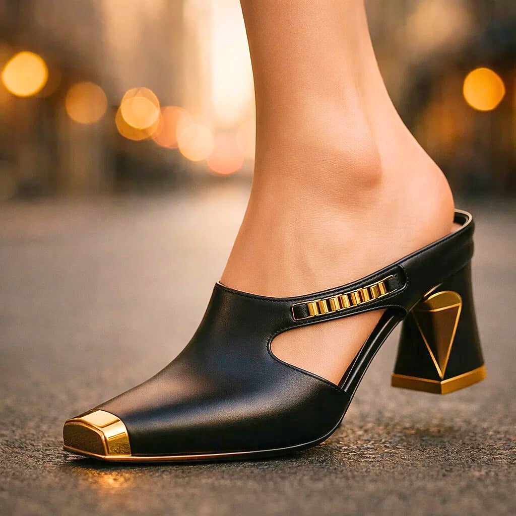 Women's Black Leather Block Heels Corvine