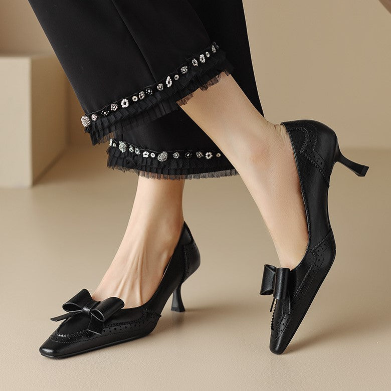 Women's Black Leather Brogue Detail Pumps Corvine