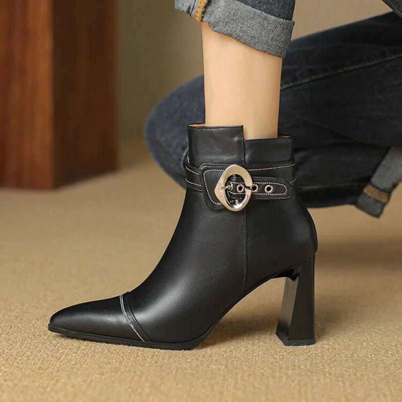 Women's Black Leather Buckle Ankle Boots Corvine